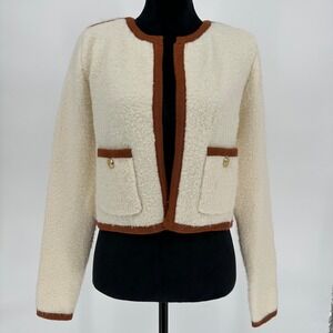 NWT THML Cream Contrast Brown Trim Lady Jacket Open Front Gold‎ Buttons Sz Small